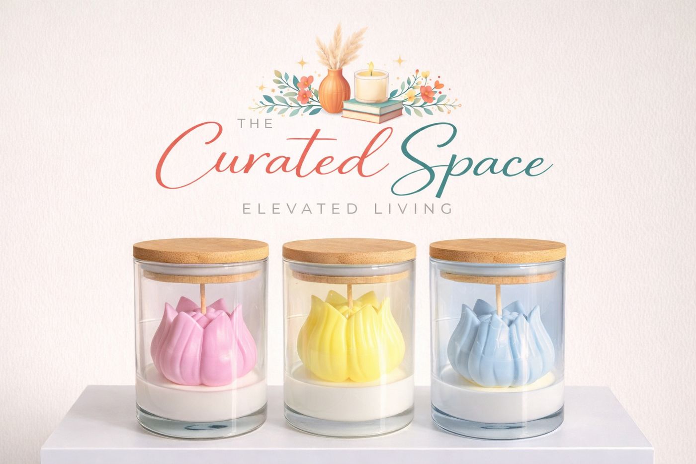 Three tulip-shaped candles in pink, yellow and blue, each under a glass cloche with a bamboo lid